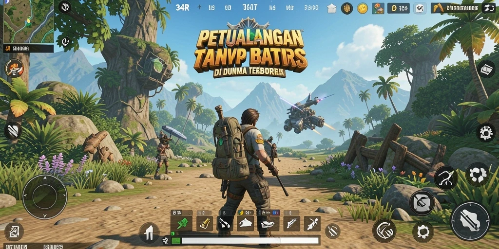 Screenshot gameplay 34R yang menampilkan dunia terbuka yang luas.