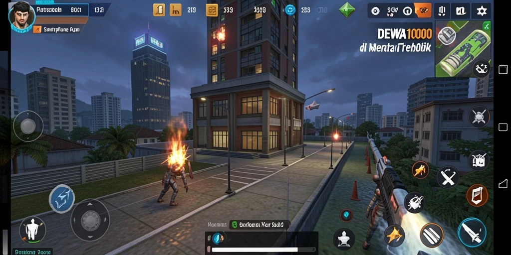 Tampilan gameplay DEWA1000 menampilkan serangan menara melawan musuh.