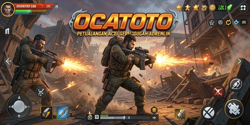 Screenshot utama OCATOTO menampilkan aksi seru dalam pertempuran.