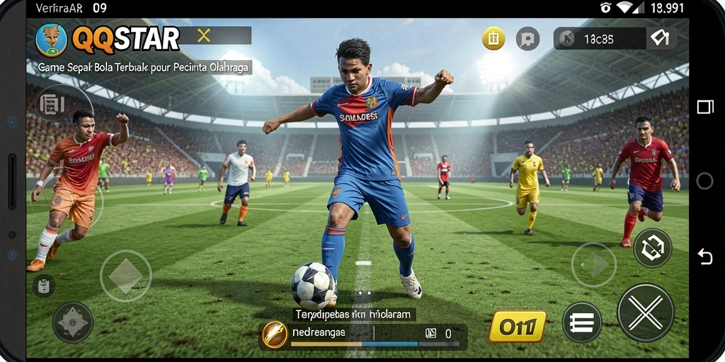 Screenshot utama QQSTAR menampilkan aksi sepak bola yang intens dan grafis menawan.