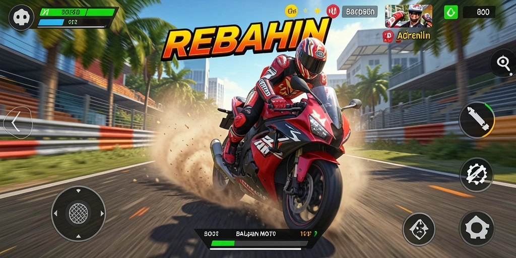 Gameplay seru dalam REBAHIN menampilkan balapan motor yang mendebarkan.