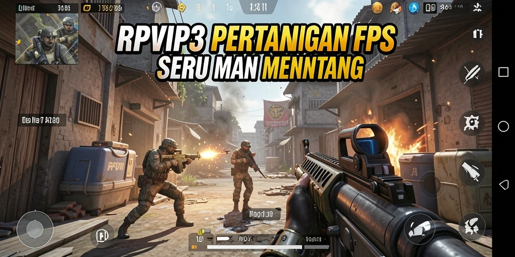 Screenshot utama RPVIP3 menampilkan aksi tembak-menembak yang mendebarkan.