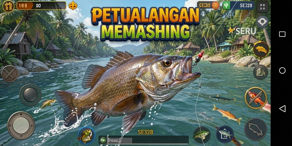 Screenshot SE328 menunjukkan aksi seru saat memancing di perairan indah.